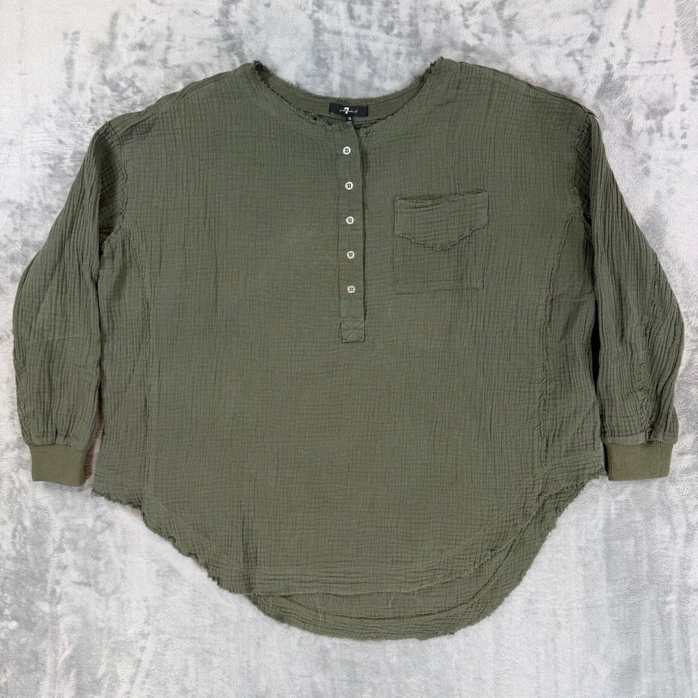 7 For All Mankind Women's Gauze Henley Top Oversized Size XS‎ Olive Green